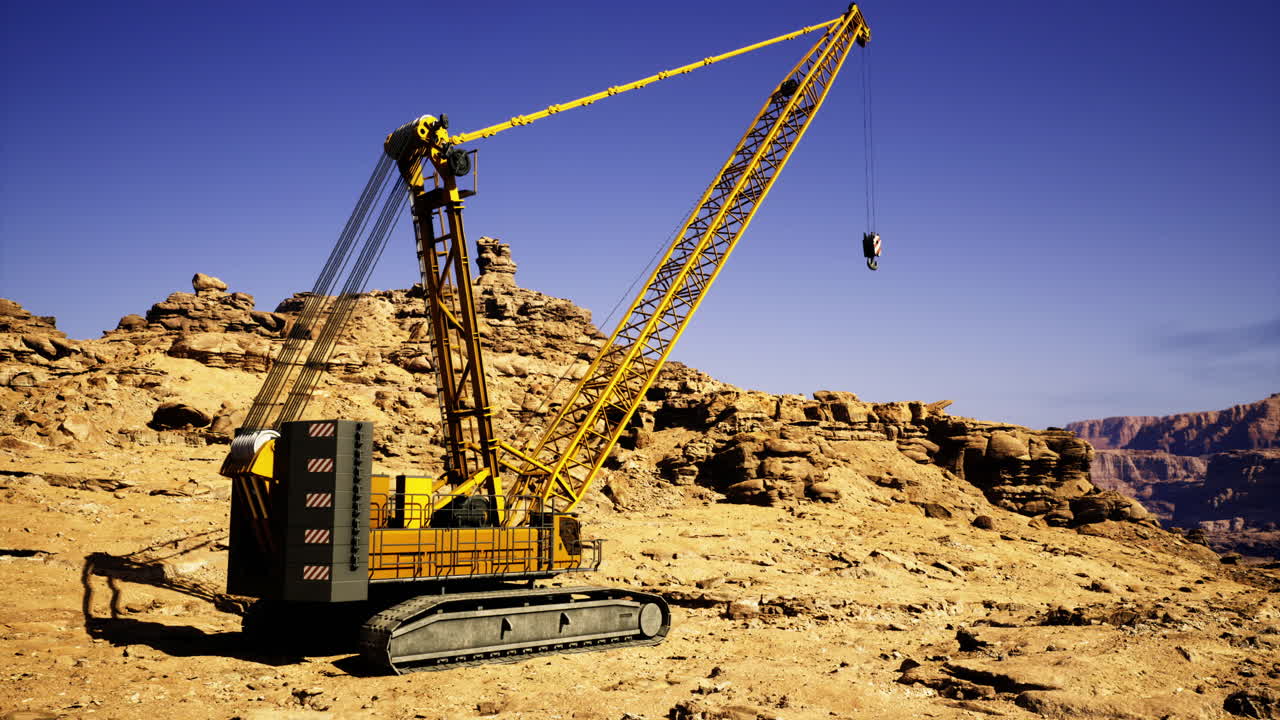 Heavy machinery at work in a rocky desert landscape during daylight