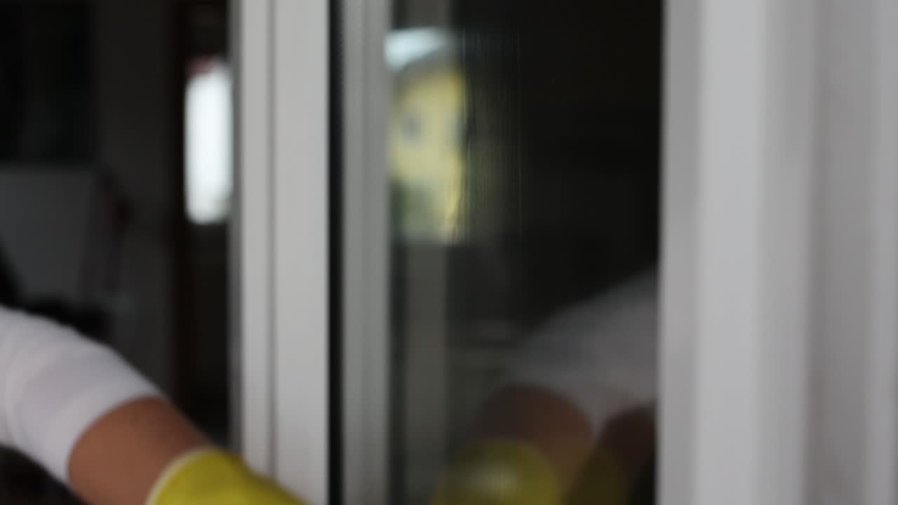 mujer joven lavando la ventana en casa, concepto de limpieza de primavera