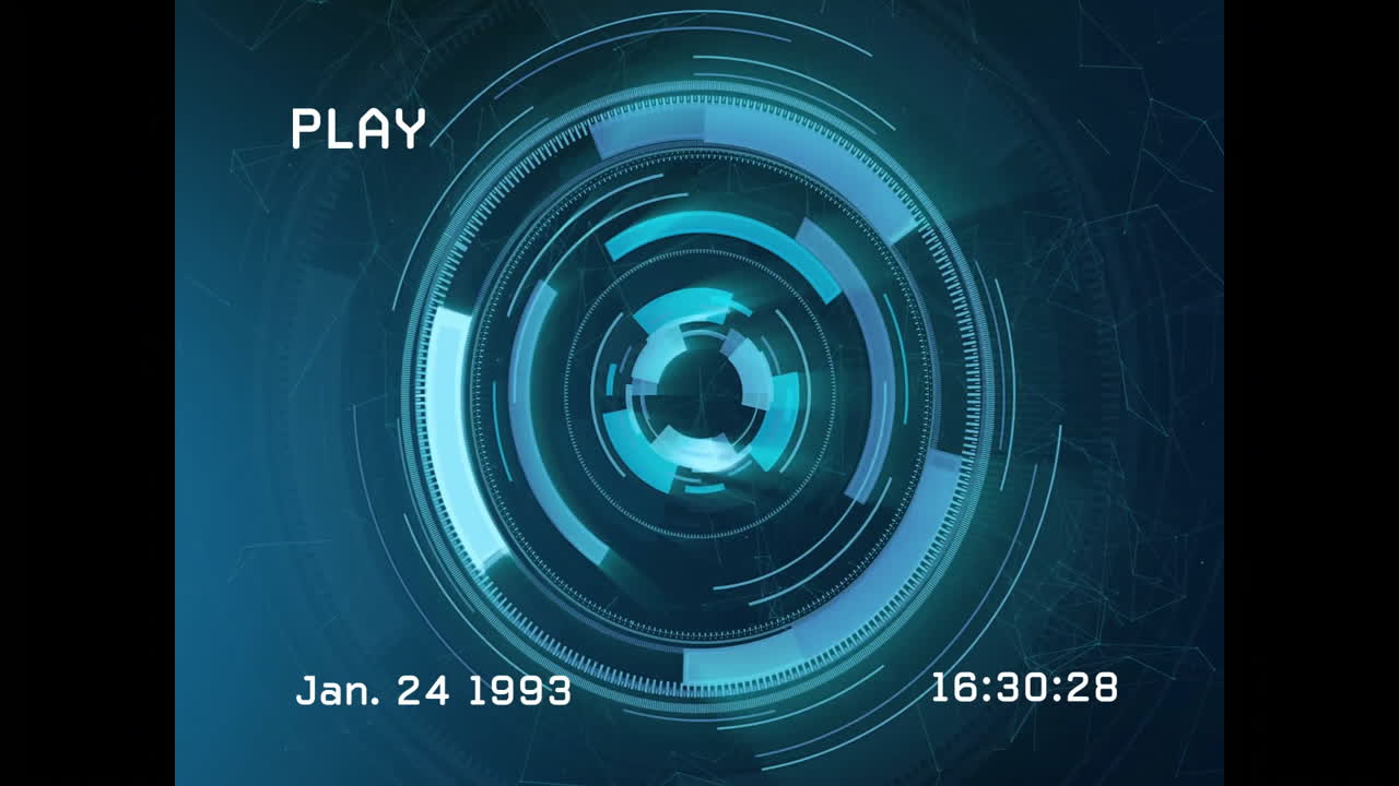 Animazione di interfaccia futuristica con elementi blu rotanti e sovrapposizione di timestamp