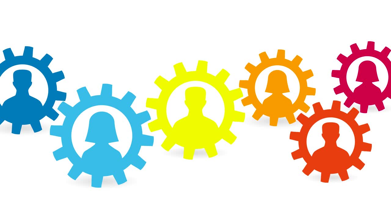 silueta de hombre y mujer en engranajes coloridos animación de bucle de concepto de red social