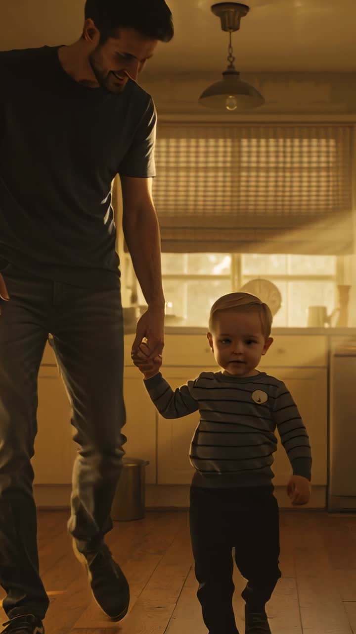Video verticale: Papà che si china per aiutare un bambino in maglione a fare i primi passi tenendogli la mano in una cucina soleggiata.