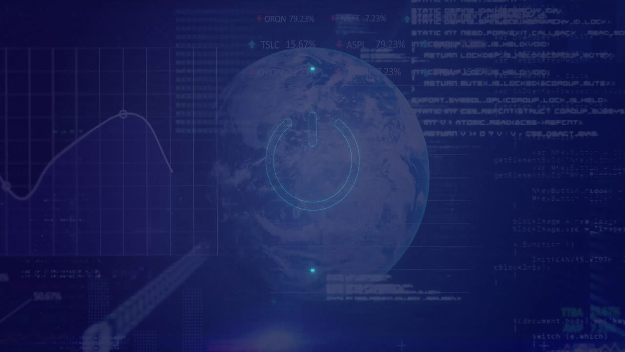 전원 버튼을 은 처리 원의 애니메이션 디지털 스크린에서 지구와 금융 데이터