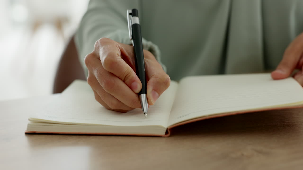 Woman, hands, book and writing list