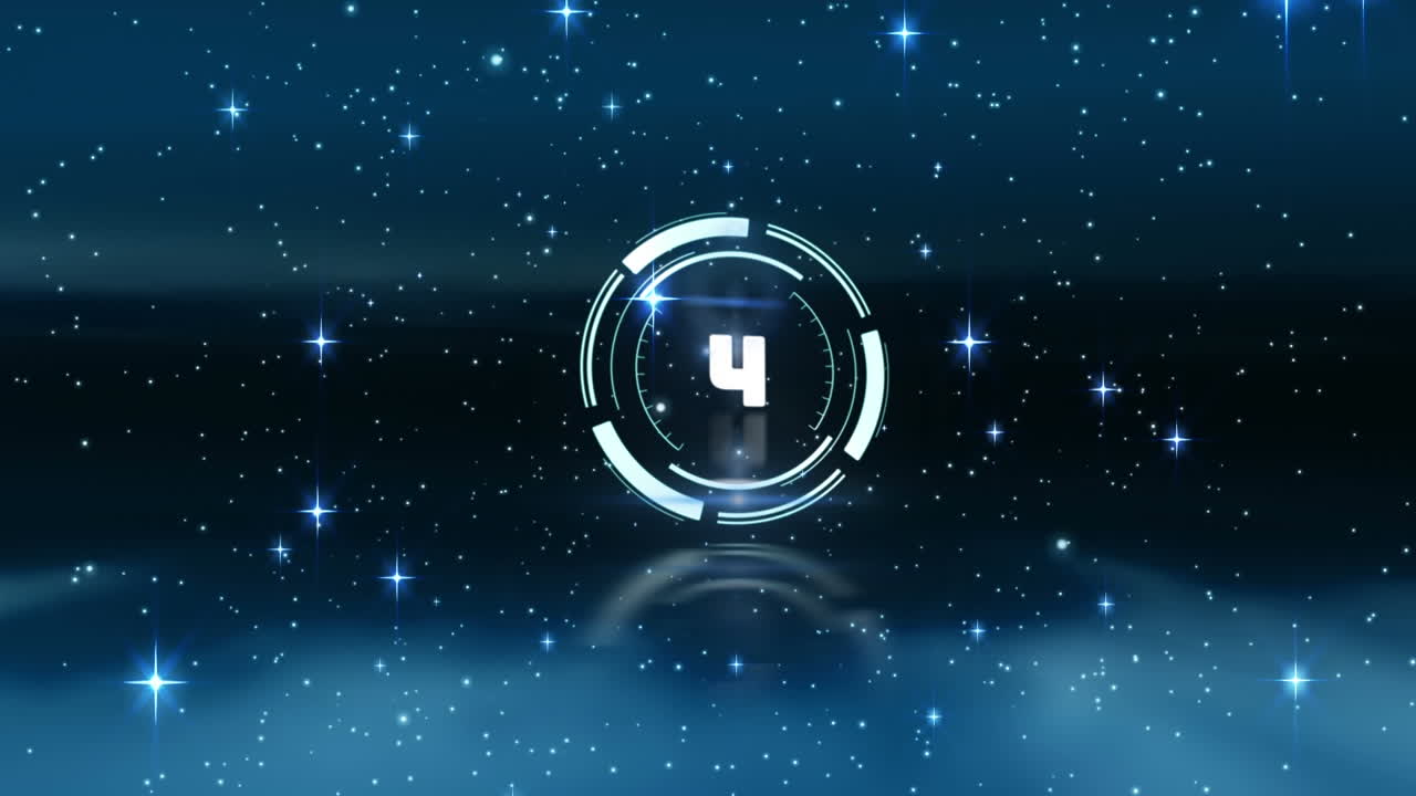 Animation of scope with countdown over glowing stars on black background