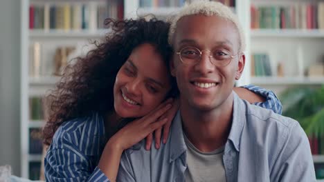 close up beautiful indian woman embrace on african american man lover shoulder