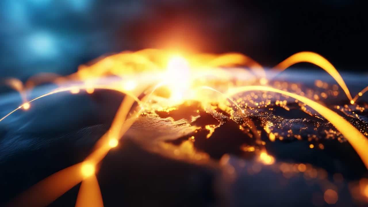 A Stunning Visualization of Global Connectivity During Sunrise: An Artistic Representation of Network Connections Illuminating the Earth from a Technological Perspective