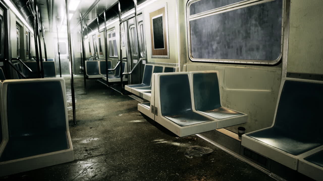 Abandoned subway car with scattered debris in the dimly lit cabin