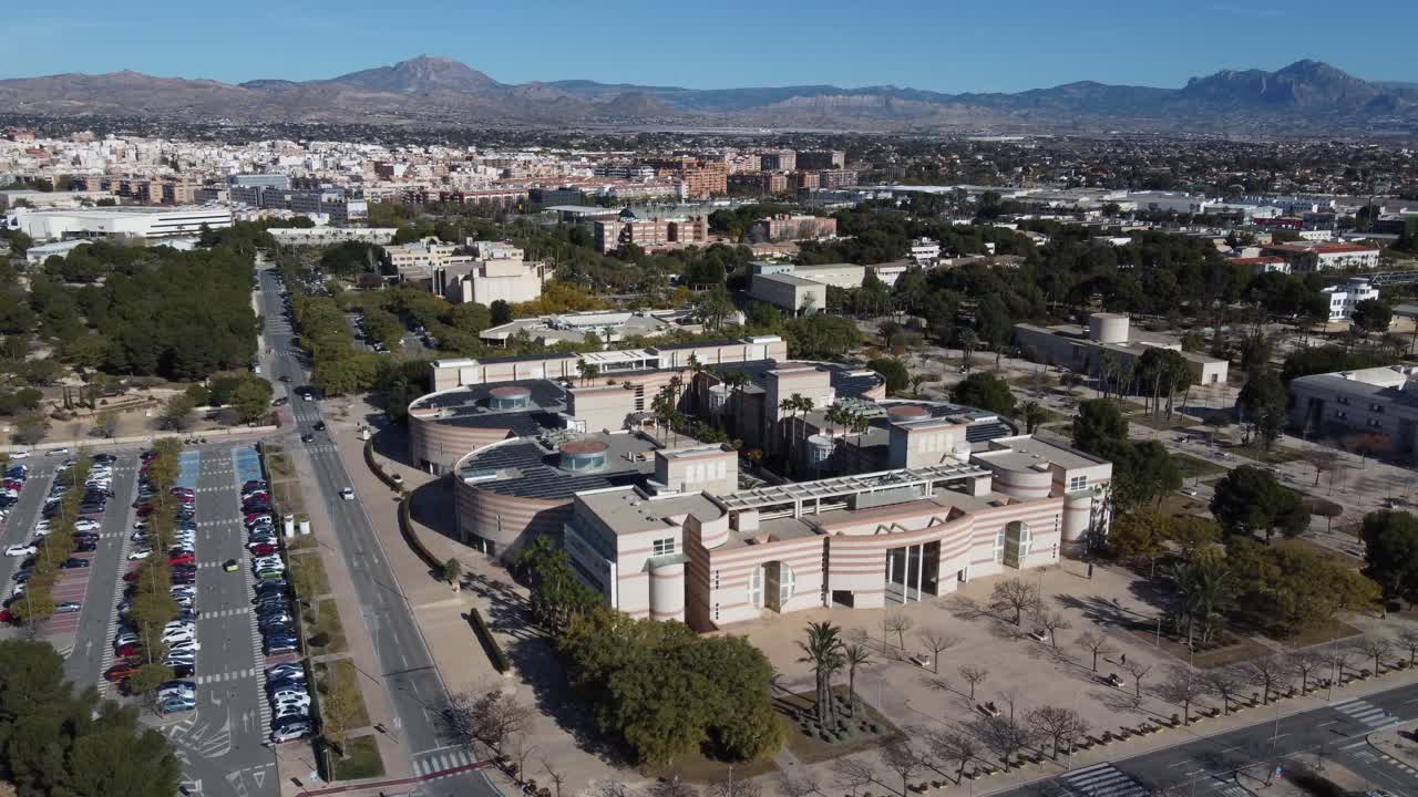 Aerial approach to one of the main classrooms buildings of Alicante University, Spain.