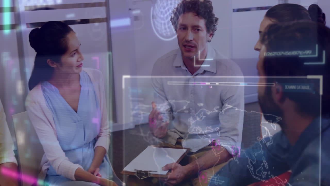 Business team discussing strategy with digital data processing animation overlay