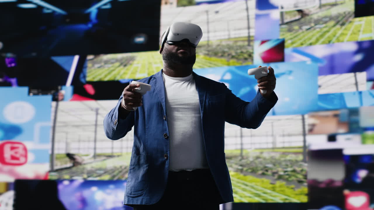 African american media user immersed in visual environment with VR headset