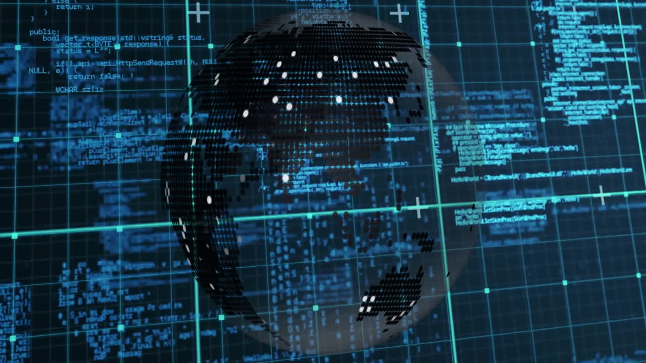 Animation of digital globe with binary code showcasing technology network in school