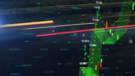 animation of financial data processing against time-lapse of night city traffic