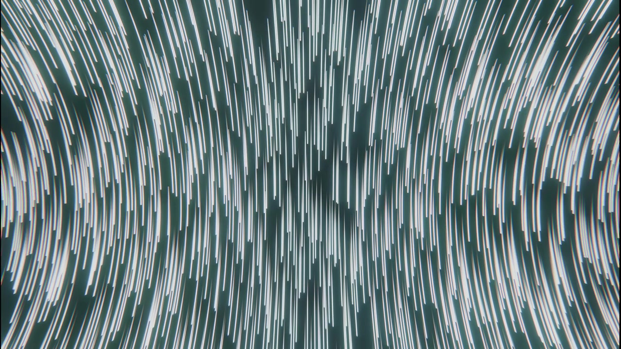 Un denso campo di strisce di luce verticali bianche fredde si piega in bande curve concentriche su uno sfondo verde acqua scuro, con sfasamenti sfalsati, spaziatura ritmica, un bagliore morbido e un movimento astratto dinamico.