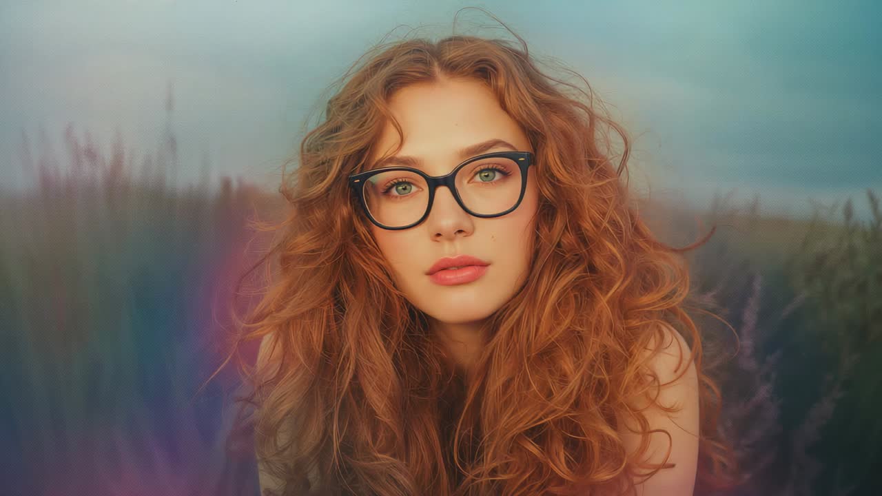 Zooming out camera capturing woman in grassy field, revealing black top with framed eyeglasses