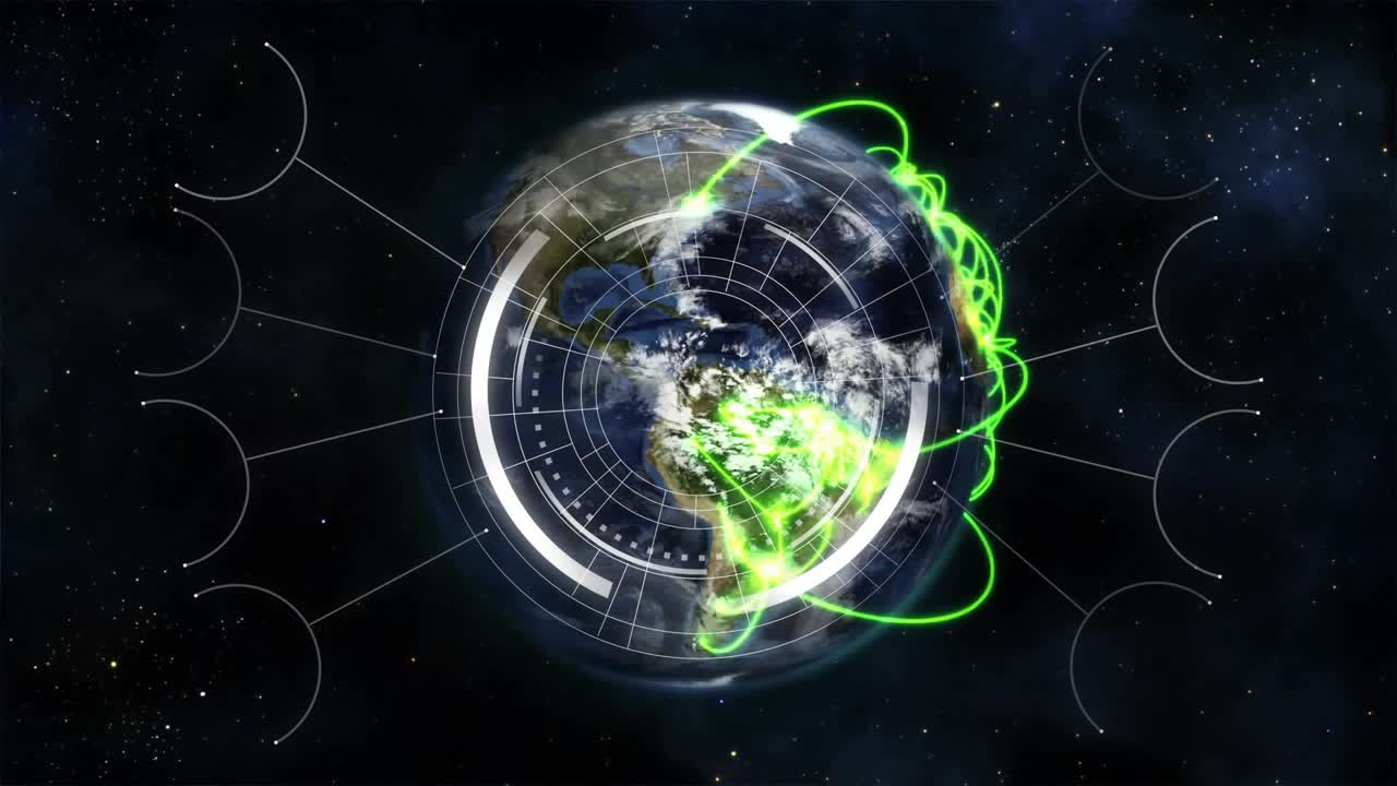 Anelli HUD che si attivano e un globo che pulsa, mentre cluster verde neon si muovono a spirale verso l'HUD interno per i dati.