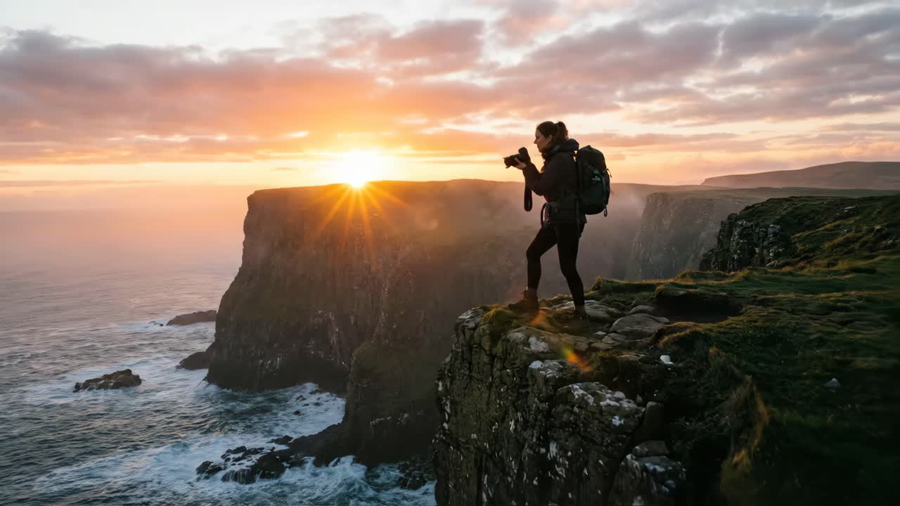 Woman Photographer Capturing Sunset Over Dramatic Ocean Cliffs