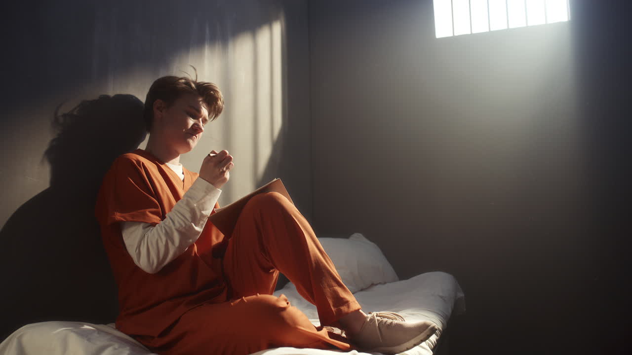 Thoughtful Female Inmate Writing Emotional Letter in Prison Cell