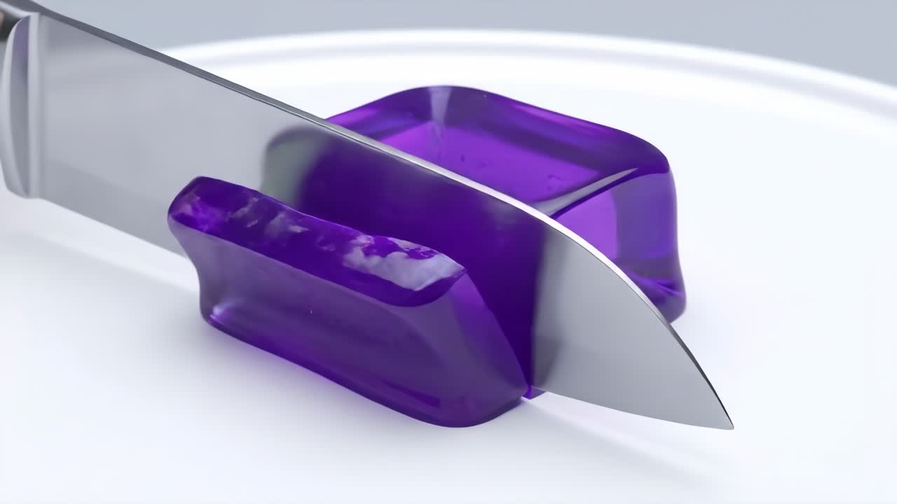Purple jelly cube cut by a knife