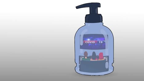 hand sanitizer with warning message of coronavirus on tv screen covid-19 followed by isolated family sitting in sofa