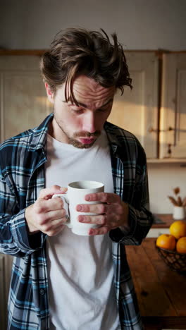 man drinking coffee/tea in kitchen