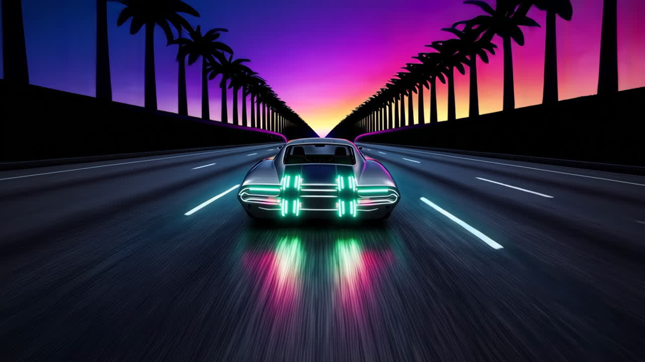 Retro Futuristic Car on Highway at Sunset