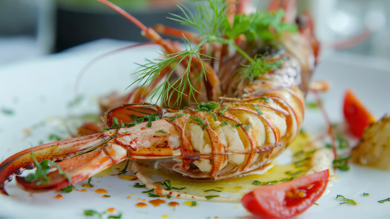 Delicious grilled lobster, garnished with fresh herbs, sliced tomatoes, and a potato, rests on a pristine white plate, creating an enticing culinary scene