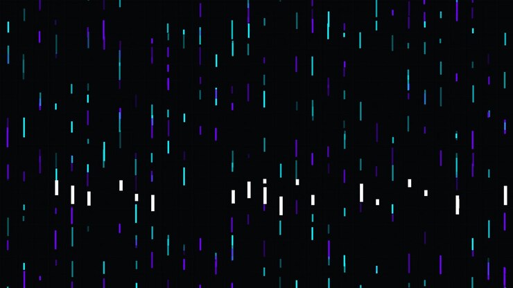 Abstract Digital Background with Falling Neon Lines and Pulsing Bars