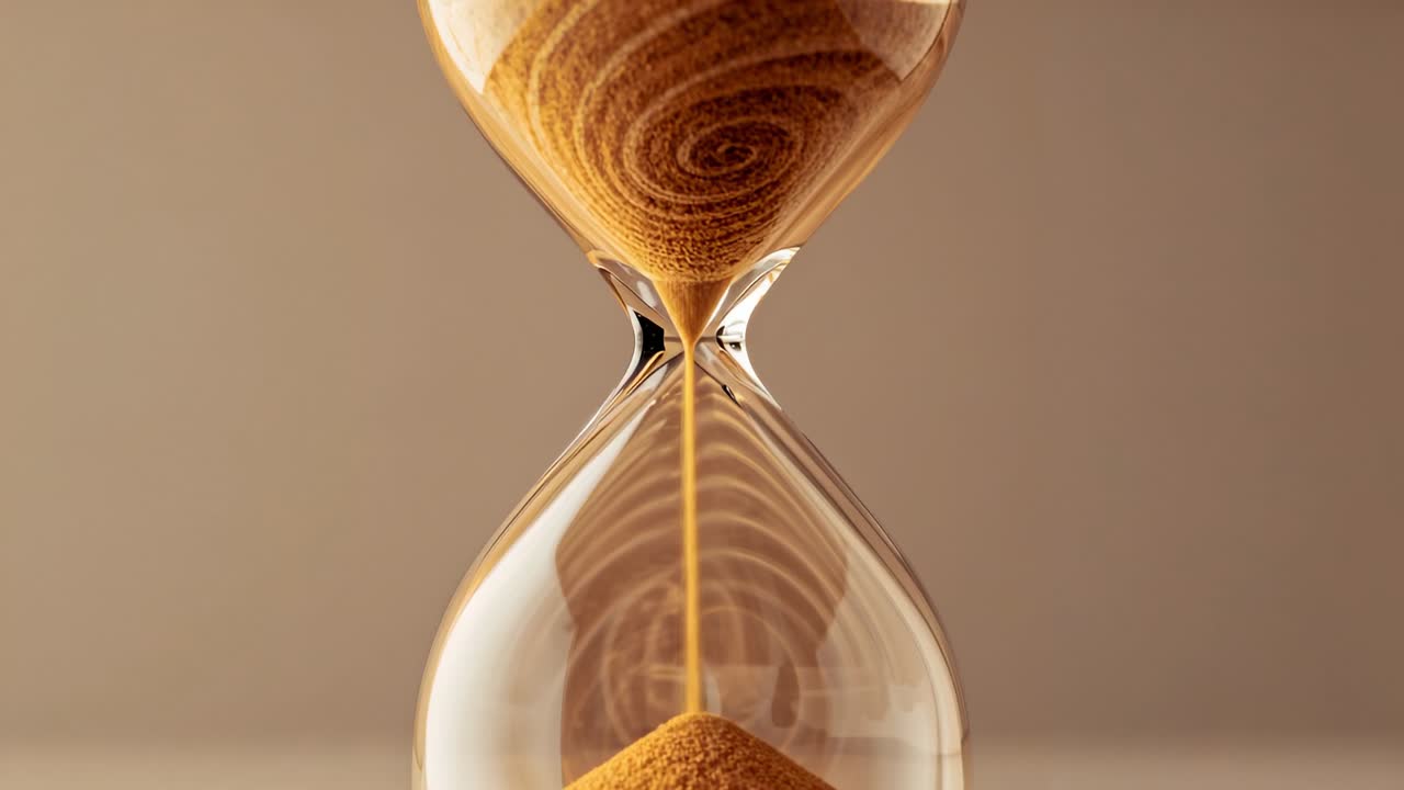 Sand beginning descent, glass hourglass measuring time by trickling golden-tan sand on tabletop