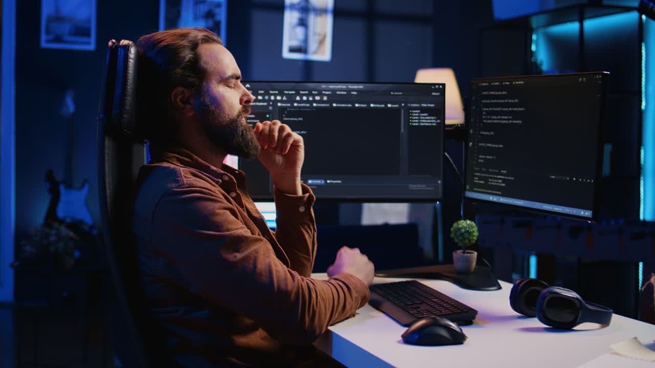 Annoyed IT admin rubbing temples in frustration after failing to remove bugs