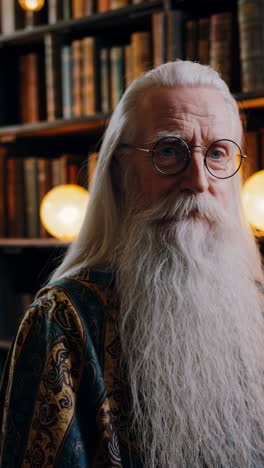 portrait of an elderly wizard in a library