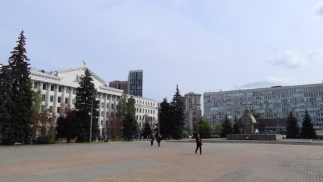 solomianska square with buildings and a big statue of a woman in kyiv city ukraine, solomianska street, 4k shot