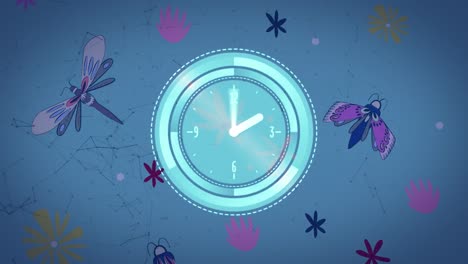 Animation-of-clock-moving-fast-over-networks-of-connections-and-insects-on-blue-background