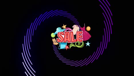 Animation-of-sale-and-violet-lines-rotating-over-black-background