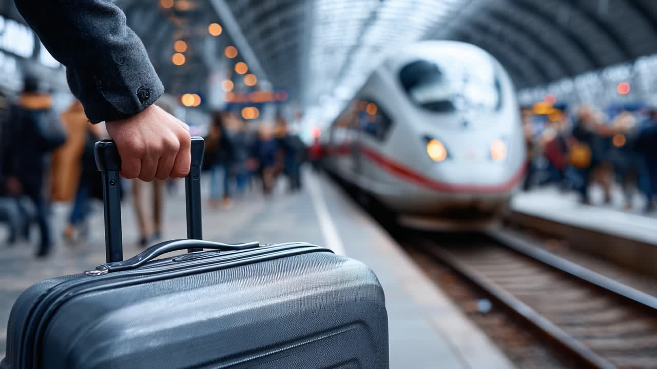 A Traveler's Journey: Preparing to Depart as a High-Speed Train Approaches the Platform with a Suitcase in Hand Amidst a Busy Train Station Environment