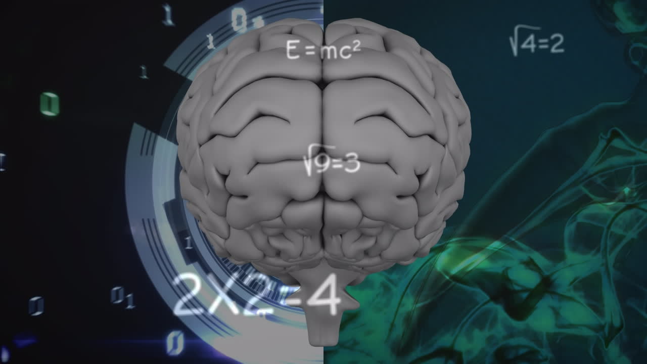 animación de ecuaciones matemáticas flotando sobre el cerebro humano y el escáner contra un fondo azul