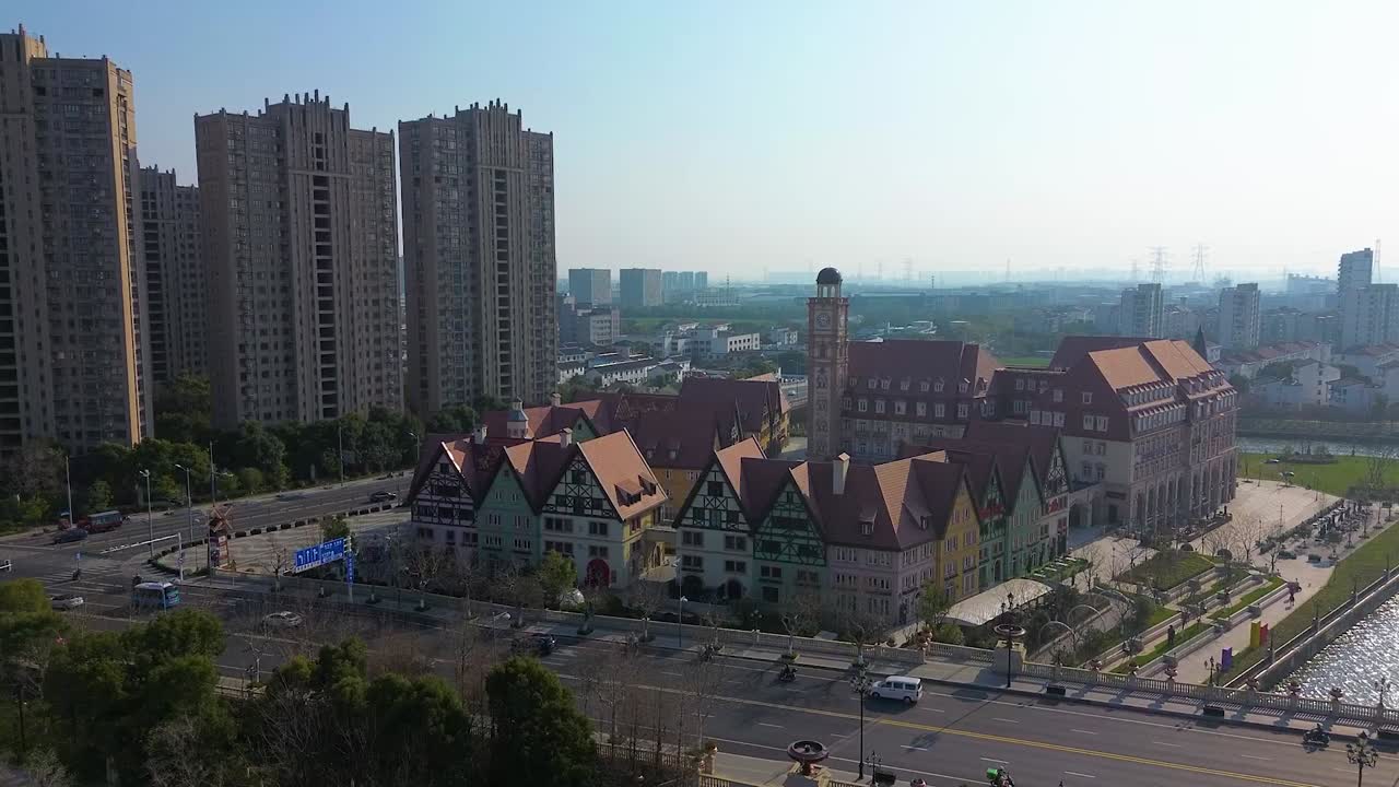 Aerial view of a German-style replica town in Taicang, Jiangsu Province, China. Traditional European architecture stands out amid the modern cityscape.