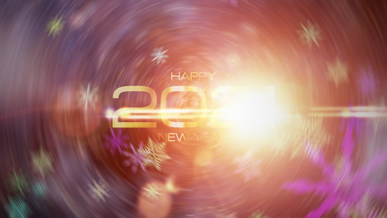 feliz año nuevo 2021 concepto de fondo festivo. 4k 3d hermoso copo de nieve volador feliz año nuevo con una explosión de luz óptica dorada mágica. el feliz año nuevo 2021 increíbles imágenes de saludo de invierno.