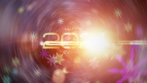 happy new year 2021 festive background concept. 4k 3d beautiful flying snowflake happy new year with magical golden optical flare light burst. the happy new year 2021 amazing winter greeting footage.