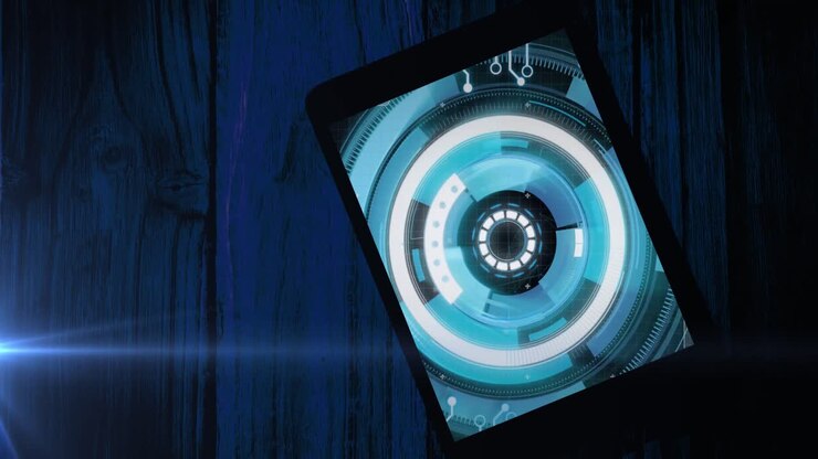 Animation of blue circular scanner and processing data on screen of tablet on wooden boards