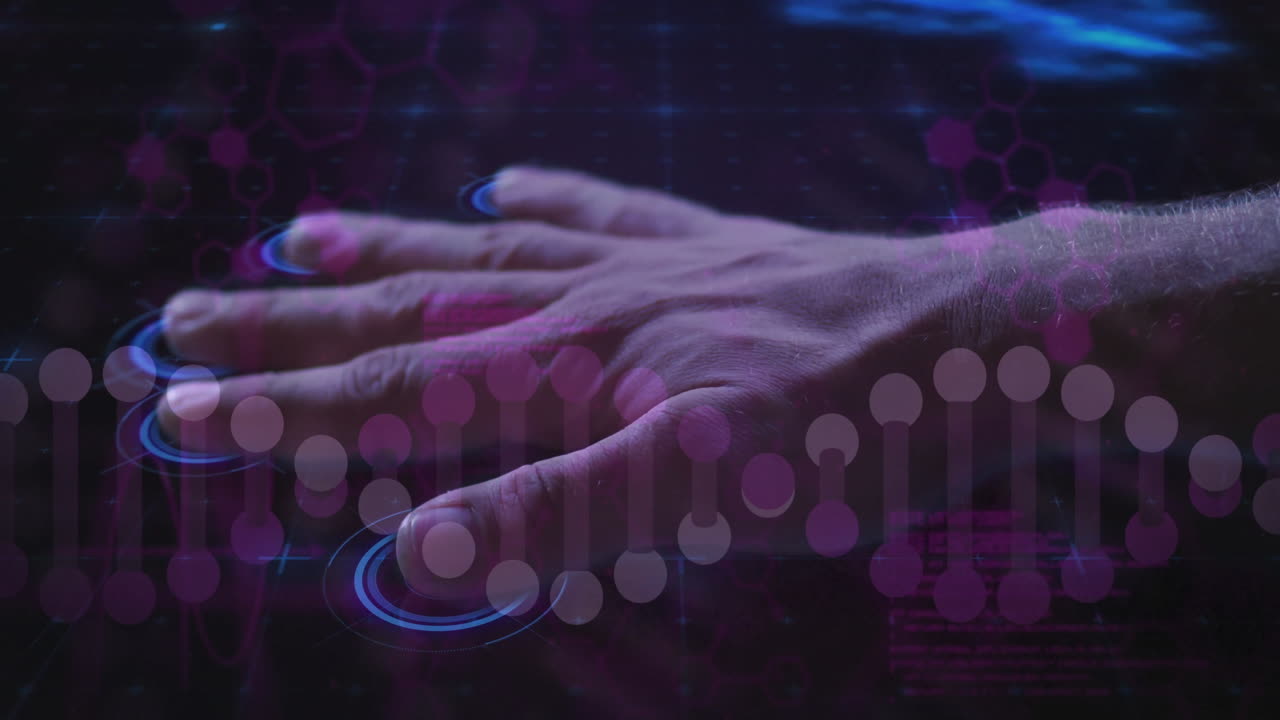 pantalla táctil, mano con procesamiento de datos biométricos animación en curso