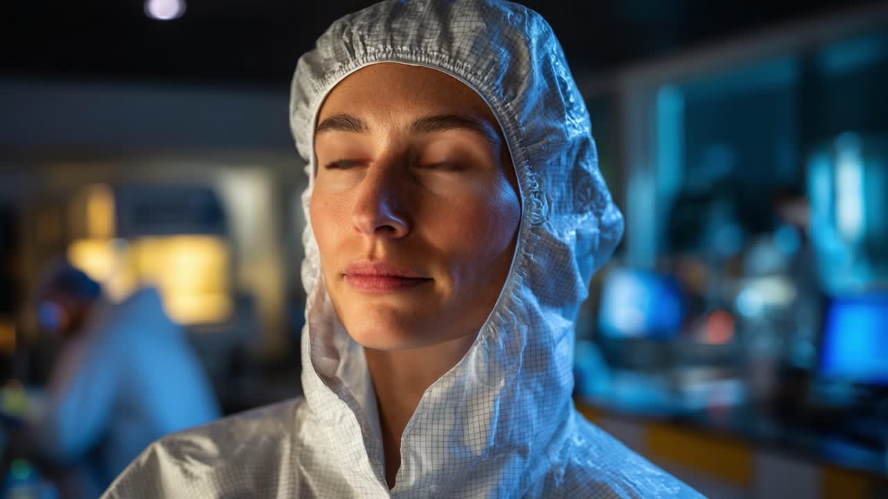Focused Individual in Protective Gear, Engaged in a Scientific Environment, Displaying Determination and Curiosity, Captured Under Soft Lighting Conditions