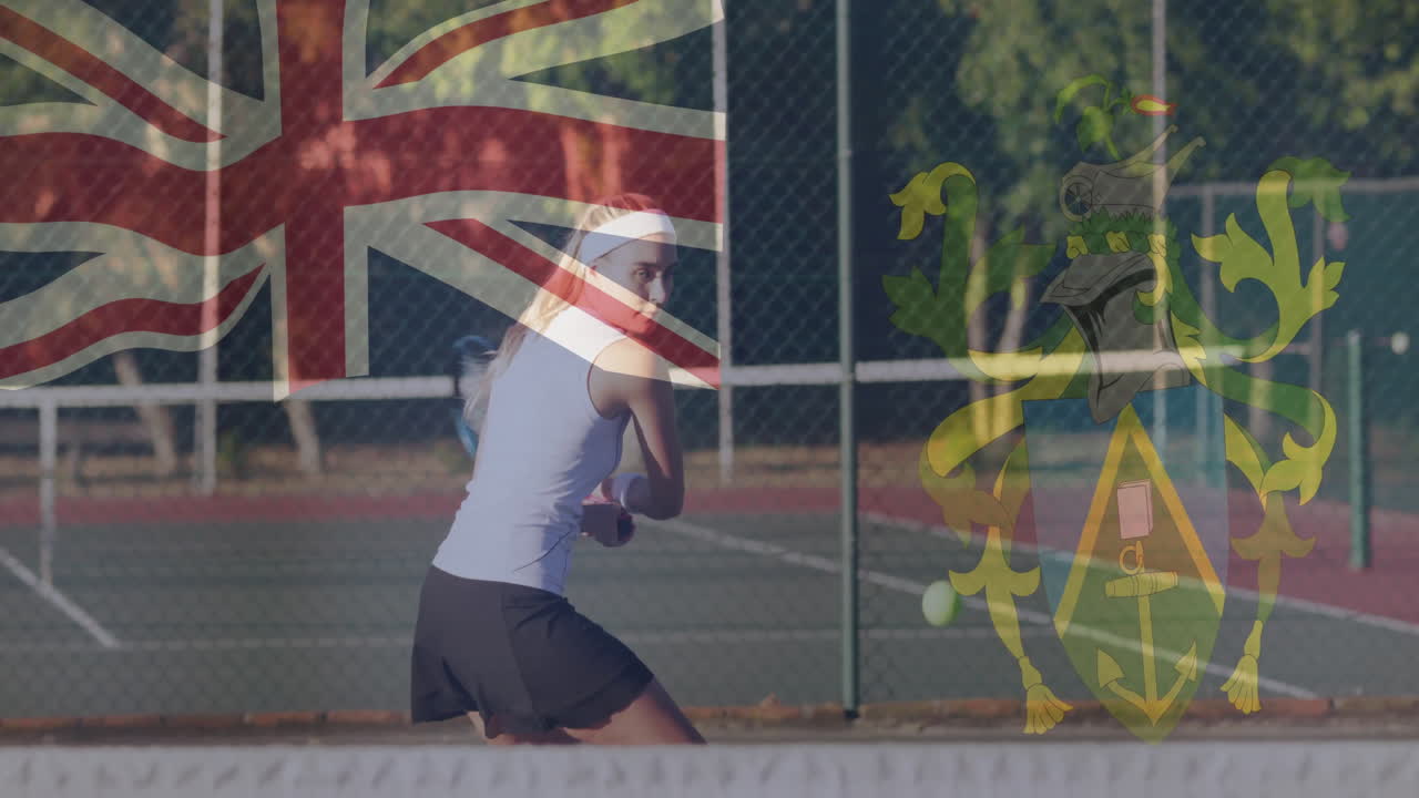 Female tennis player hitting backhand on court showcasing animated sports graphics with ball  and  f