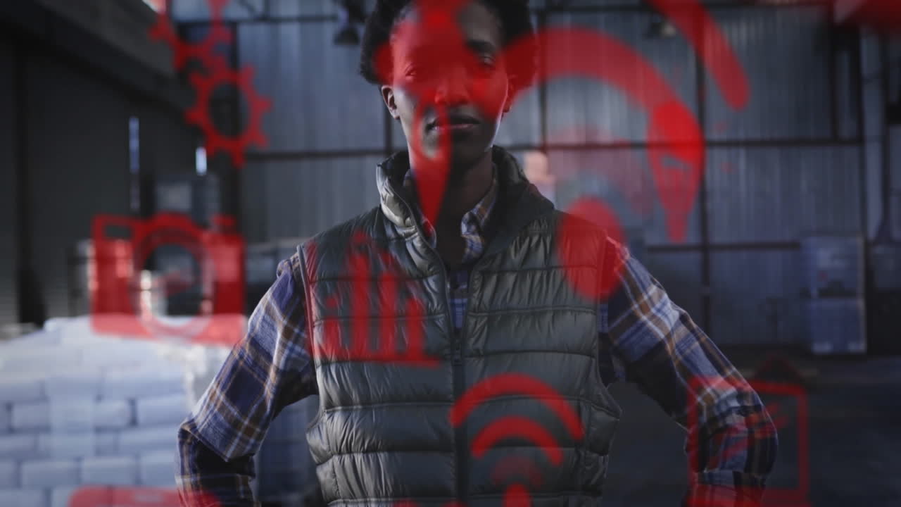 In warehouse, confident person interacting with red digital animation on scene