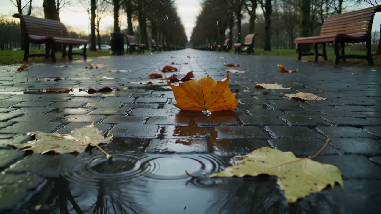 Falling raindrops striking wet cobblestone path at park, creating ripples around autumn leaves