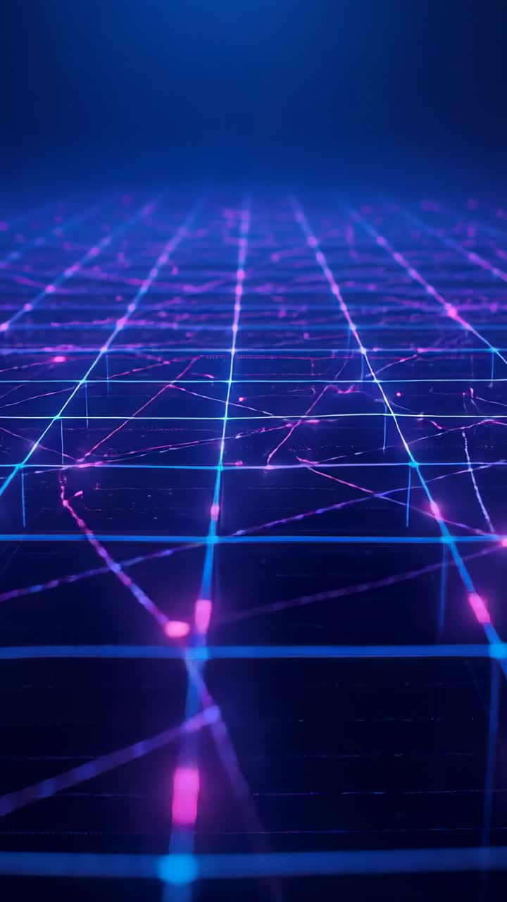 Vertical video: Revealing neon grid network from void, pulsing nodes, filaments showing data flow
