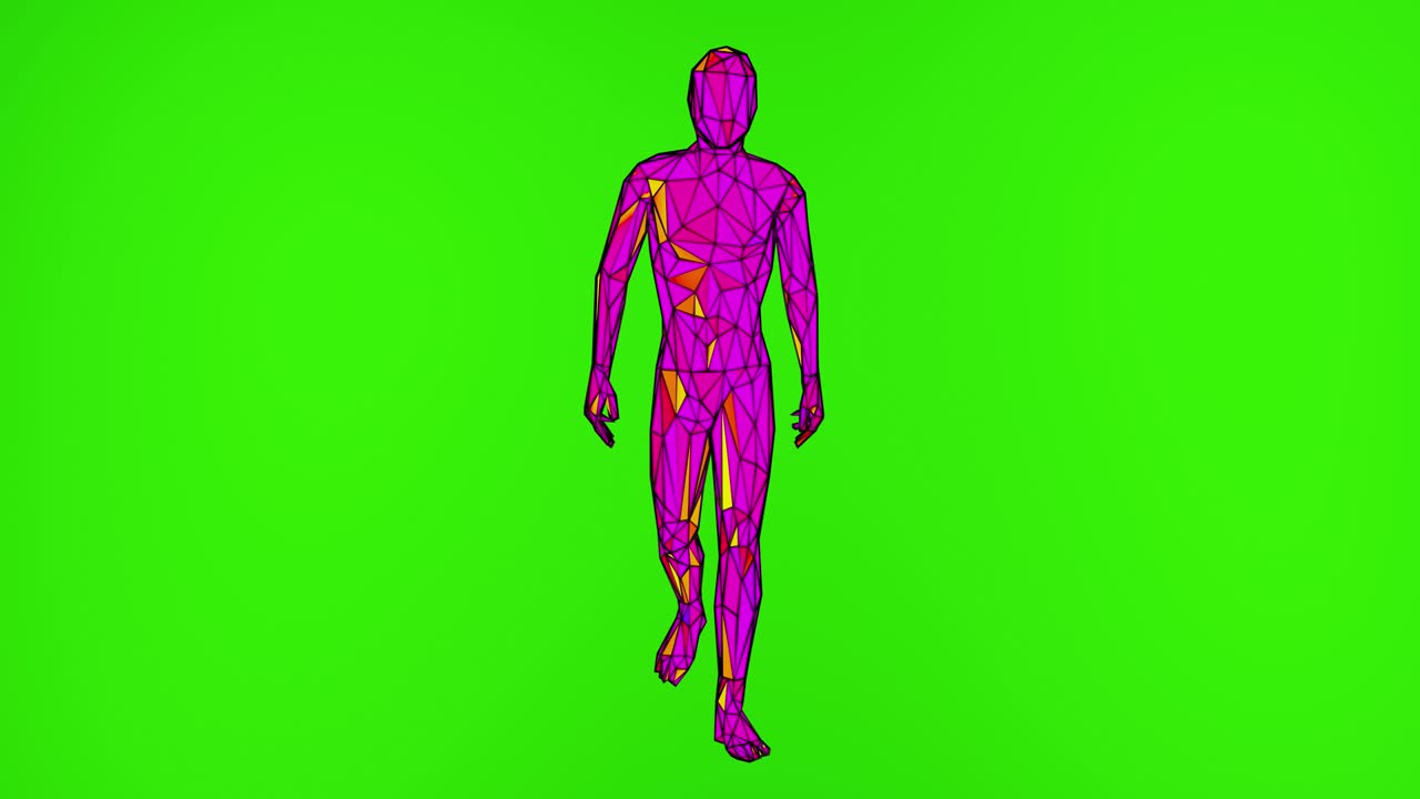 animación 3d de un personaje caminando sobre un fondo verde
