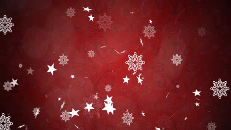 Digital-animation-of-multiple-stars-and-snowflakes-icons-floating-against-red-background