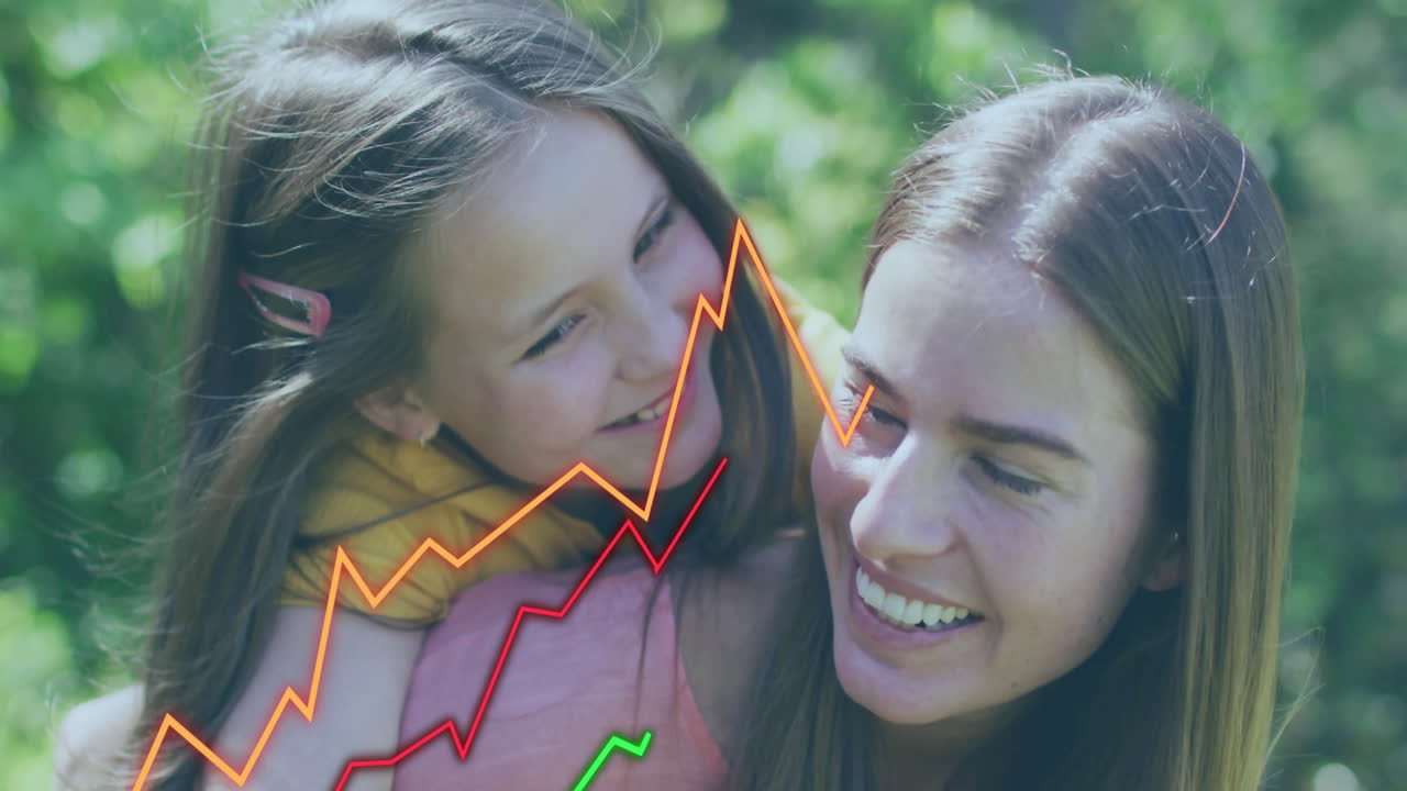 Smiling mother and daughter with animation of stock market graph lines