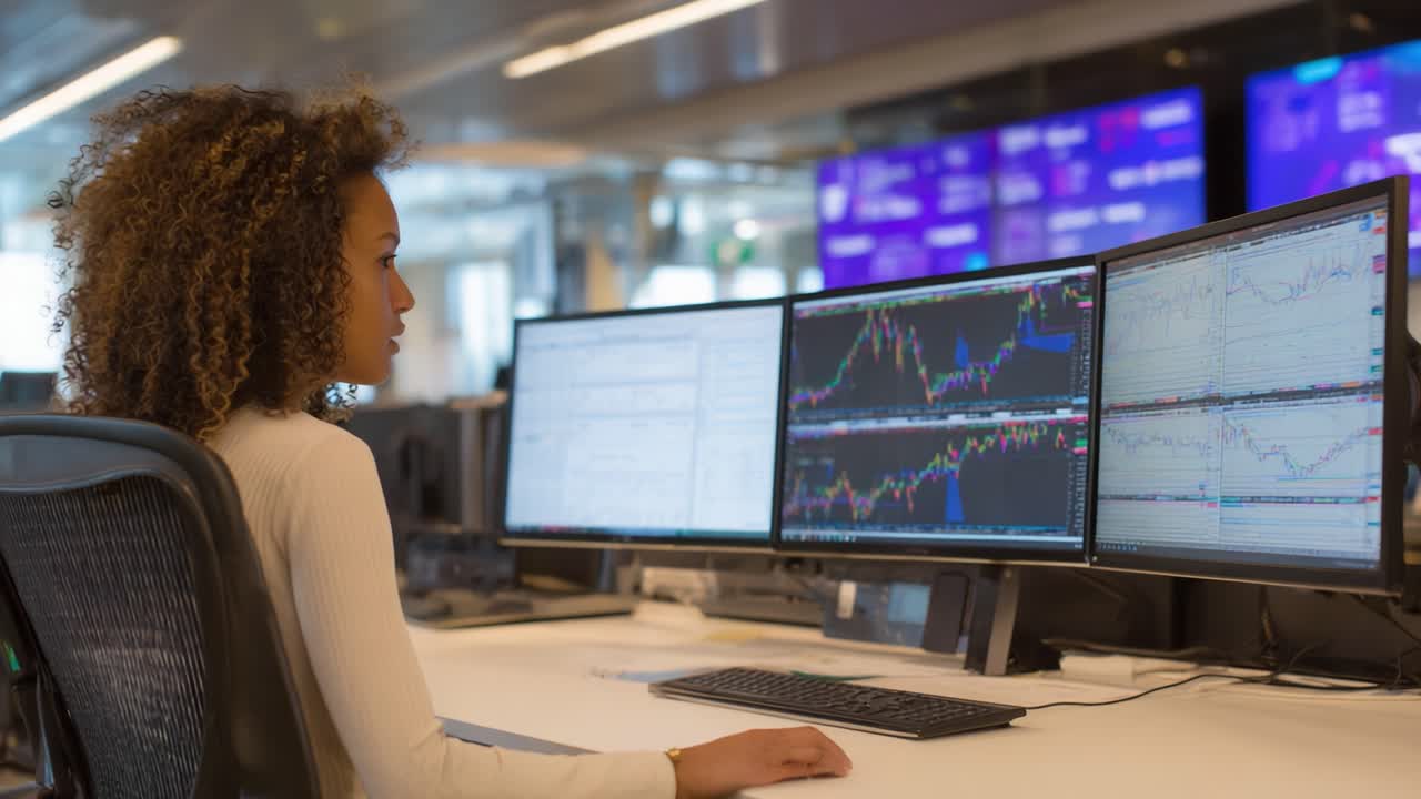 Focused Individual Analyzing Financial Markets with Multiple Monitors, Displaying Stock Charts and Data in a Modern Trading Environment