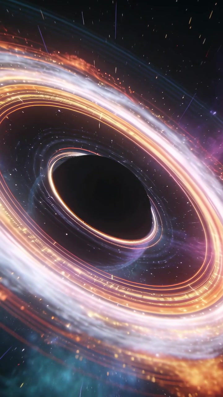 Vertical video: Tilting camera causing hole spinning in space emitting disk, sparks by accretion